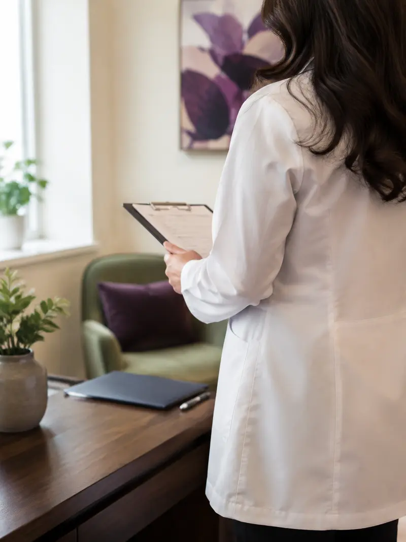 A calm, modern clinic interior in warm ivory and plum tones